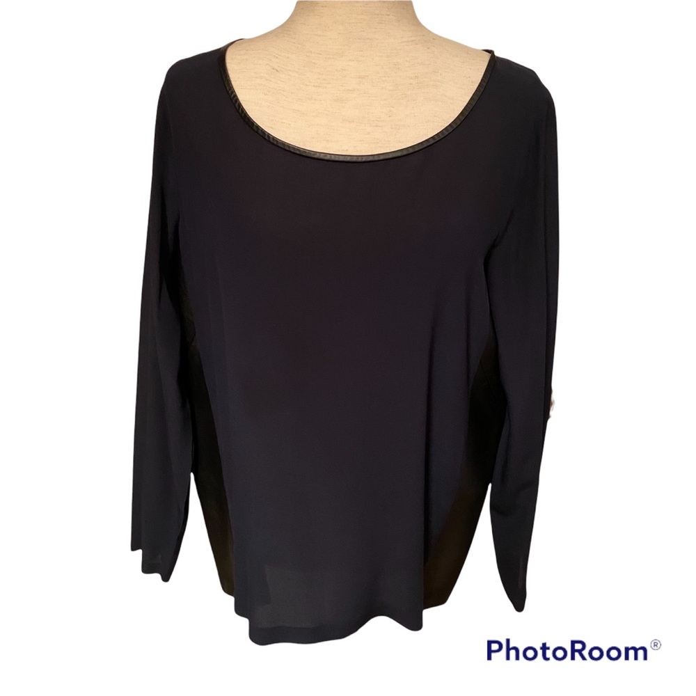 CLUB MONACO TOP BLOUSE NAVY BLUE SILK BLACK LEATHER TRIM SIDE PANELS SIZE L